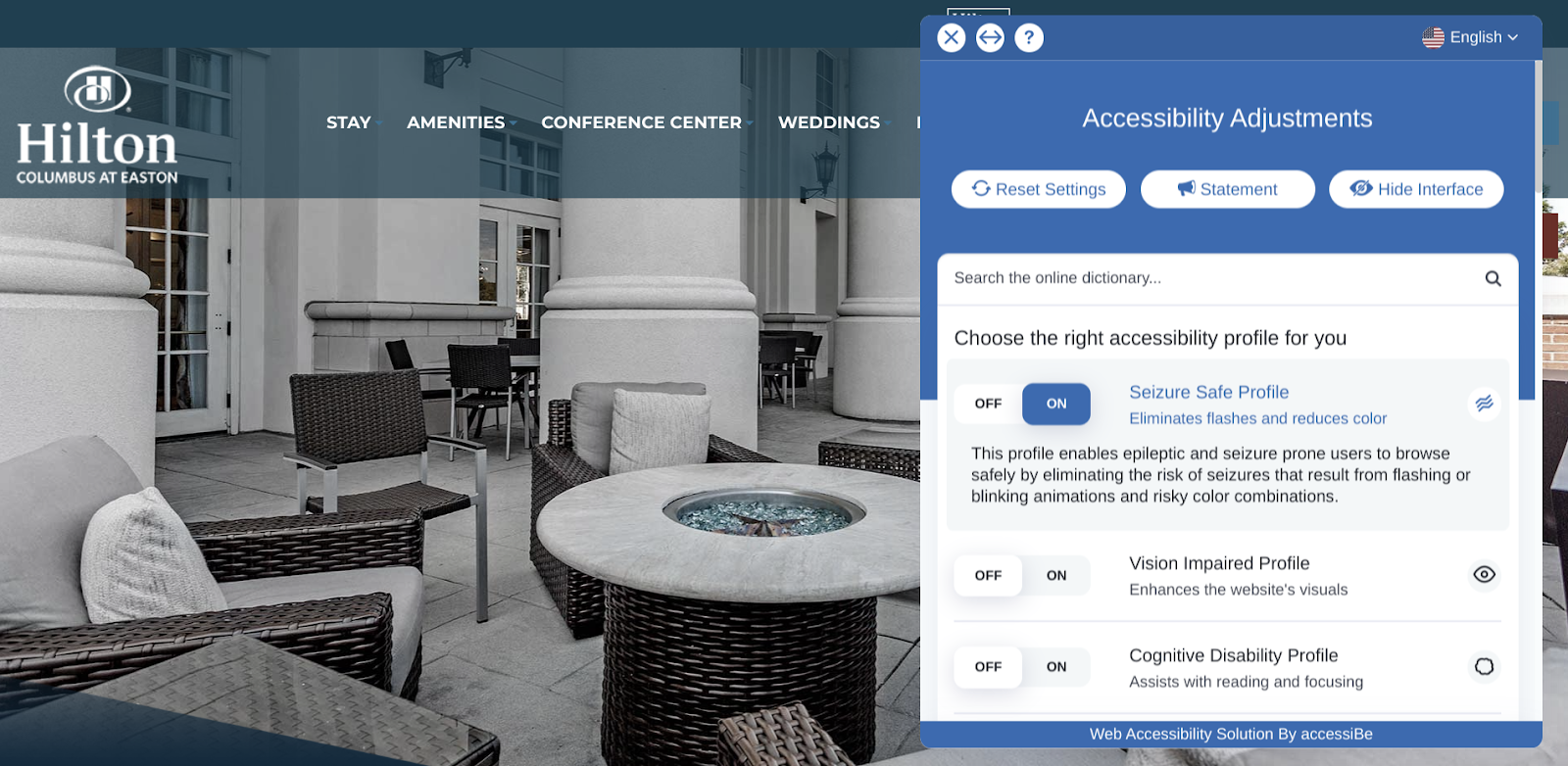 Hilton Hotel website with seizure safe accessibility option