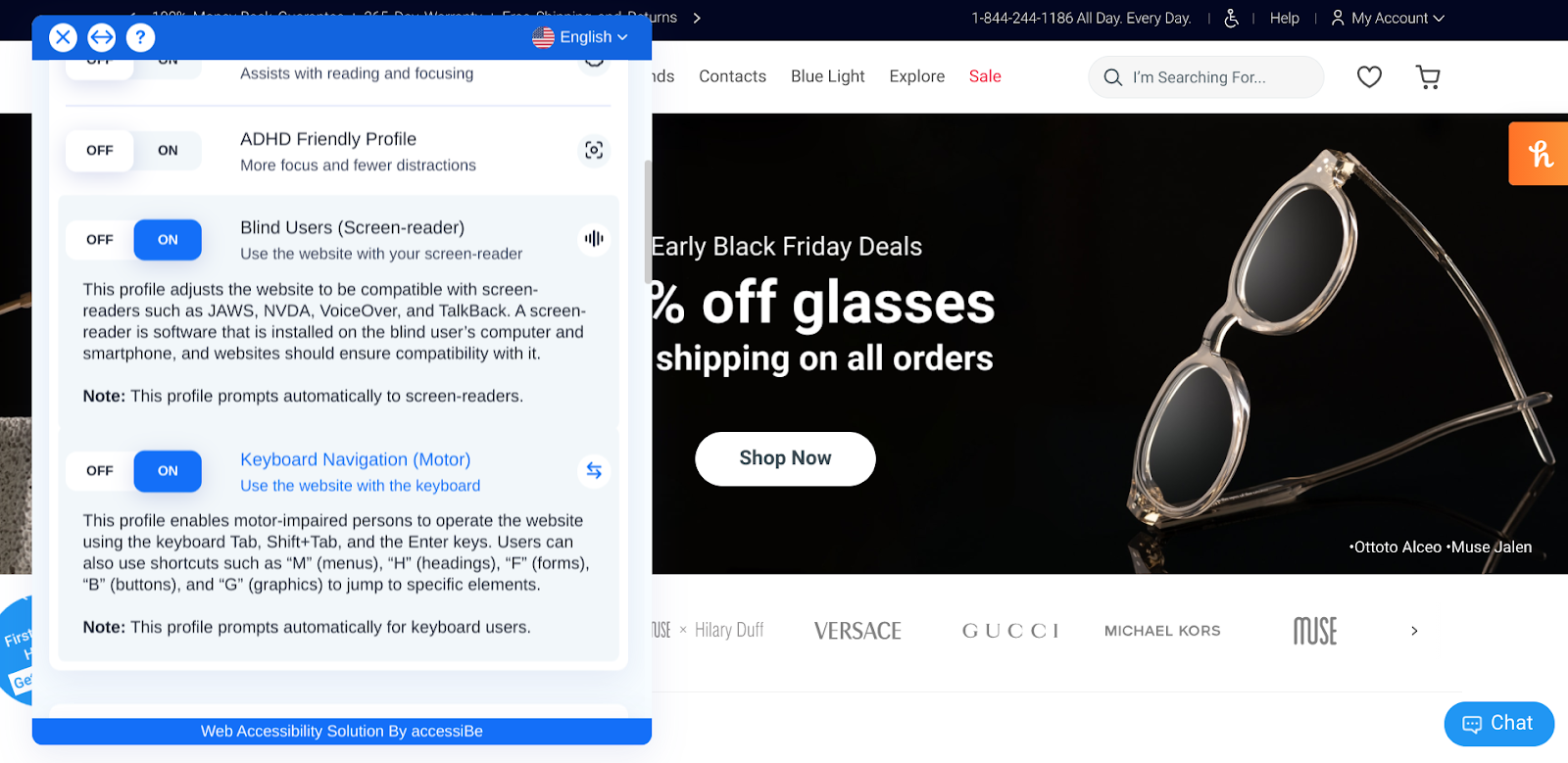 Glasses website with accessibility options for blind and low-vision users